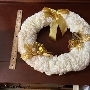 Handmade White Loop Yarn Wreath Decorated Gold Ornaments Holiday